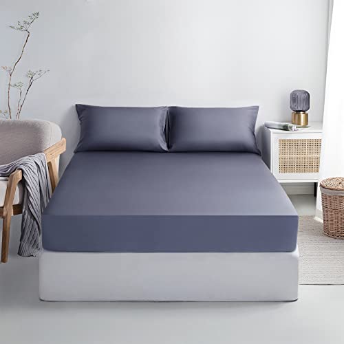 Yiyea 100% Organic Viscose Bamboo Fitted Sheet With Pillowcase, Premium 400 Thread Count Cooling Fitted Sheet Full Size, 16 Inch Deep Pocket, Silky, Soft, Breathable - Full, Grey #TOP12