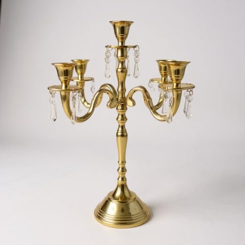 Image of Premium 16 Inch Golden Aluminum 5-Arm Candle Stand with Crystal Hangings | Luxury Centerpiece for Home Decor, Weddings, Festive Decoration & Dining Table
