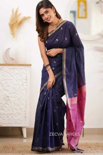 Image of ZECVA Women's Pure Soft Spun Cotton Lichi Silk Saree For Women With Attach Unstitch Blouse Piece