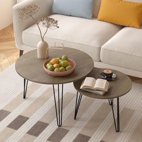 Kolavess Small Round Nesting Coffee Table Set of 2 for Living Room, 27.56 inch Wood Modern Stacking Circle Coffee Table Side Table End Table with Metal Frame for Bedroom（Brown