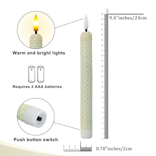 Image of Beeswax Honeycomb Flameless LED Taper Candles, 9.5 Inch Flickering Wax Candles with Remote & Timer, White Battery Operated Dripless Tapered Candle for Home Wedding Decor, 4 Pack