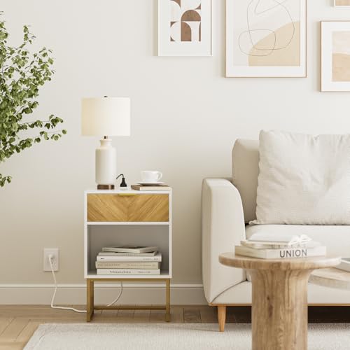 Image of Masupu Nightstand with Charging Station,Modern Night Stand Boho Farmhouse Wood Bedside Table with Storage Drawer Side End Table for Bedroom,Living Room,Office,White with Outlet