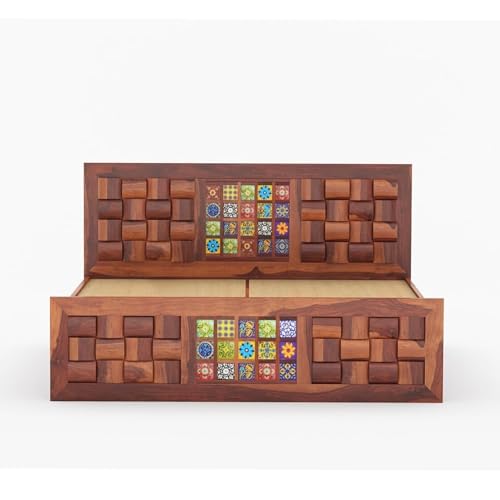 Image of Sheesham Wood Queen Size Bed Without Storage | Wooden Bed Queen Size Double Cot Palang Bed for Bedroom | Niwar Tile Design Headboard Bed for Living Room | Honey Finish