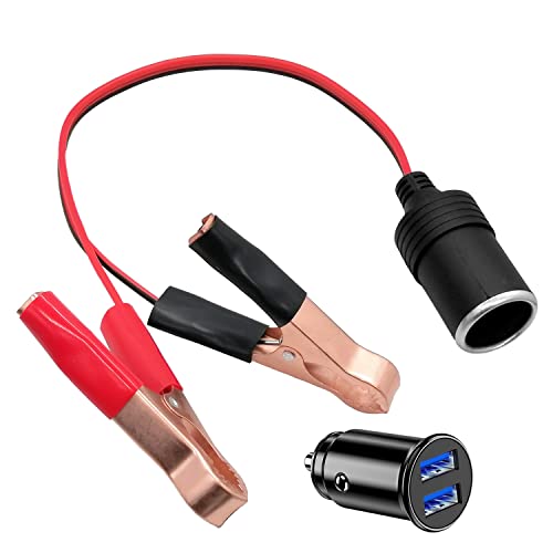 Hoembpn Batería del Coche Pinza Cocodrilo al Adaptador de Encendedor de Cigarrillos 30cm Cable 18AWG,12V/24V Mini Doble USB Cargador de Coche Enchufe de Mechero Carga Rápida
