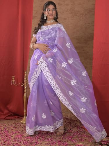 Image of Satrani Women's Net Embroidery Saree with Unstitched Blouse Piece