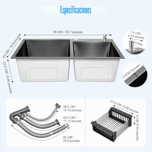 Fregadero doble empotrable de 78 x 43 cm con dosificador de jabón para mueble de cocina 7