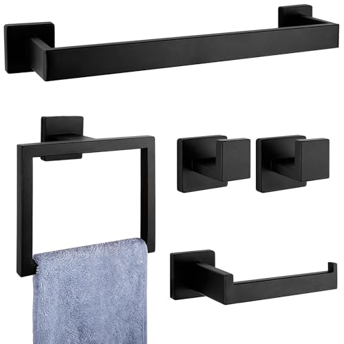 Kit Acessórios para Banheiro 5 Peças Preto Fosco, Aço Inox Premium Luxo, Conjunto Toalheiro Parede, Barra Toalha 40cm, Argola Toalha, Suporte Papel, 2 Ganchos Banho
