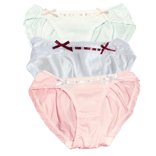 [Qiania] パンティー レディース 下着 ミルクシルク生地 【3枚セット】 サテンショーツ レディース セット 女性用下着 可愛い レース リボン 柔らか 優しい肌触り 食込まない (M, A【3枚セット】)