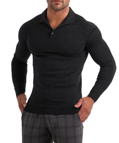 MUSCLE CMDR poloshirts voor heren, slimfit, stretch, korte en lange mouwen, voor sport, tennis, golf, basic T-shirt, zwart-lang, M