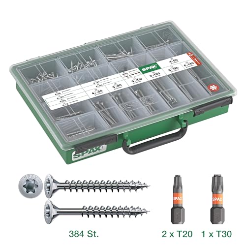 SPAX Sortimentskoffer groß, Schrauben-Set mit 14 Abmessungen, 384 Schrauben + 3 Bits, Senkkopf, T-STAR plus, WIROX - 4000001991169