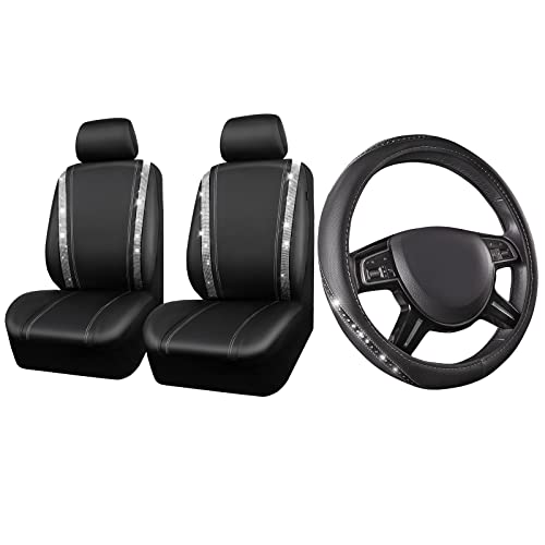 Car Pass Bling Diamond Leather Steering Wheel Cover, Universal Fit 14" 1/2-15" Bling Car Seat Covers, Shining Rhinestone Diamond Waterproof Faux Leather Two Front Only, Sliver #TOP24