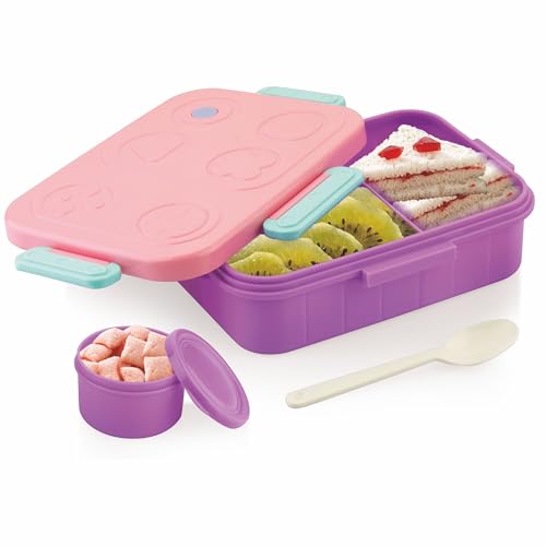 Image of ATTRO TicTac Plastic Lunch Box - 3 Compartment Bento Tiffin, Leak-Proof & Durable, Ideal for Kids, School, Picnic- 1200ml+80ml, Pink Purple