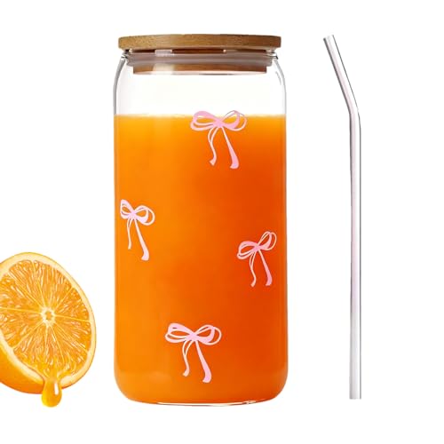 Vasos de vidrio con tapas y popotes, cristalería de lazo de 500 ml, taza de té, para adolescentes, niñas, café helado, té, agua potable, bar, hogar, cocina