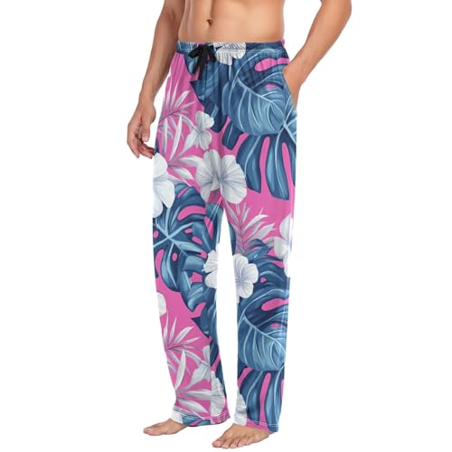 Mens Pajama Pants Tropical Palm Leaves Flower Pink Soft Lounge Sleep Pj Bottoms with Drawstring Pockets4