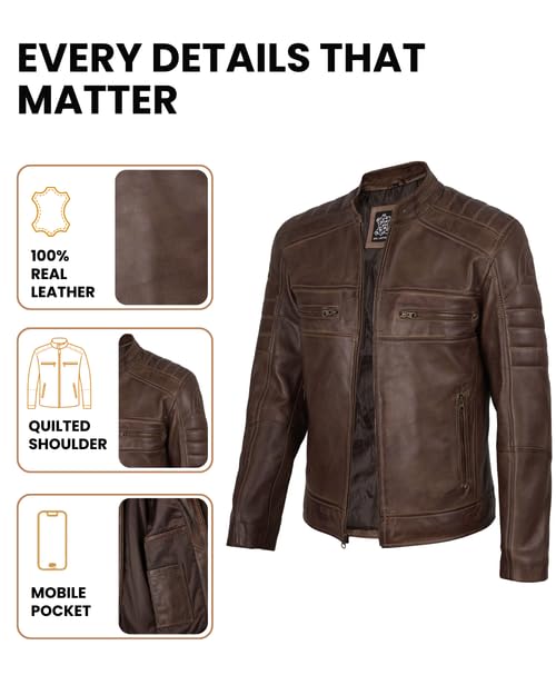 Image of Decrum Cafe Racer Leather Jacket for Men - Real Lambskin Motorcycle Style Mens Jacket with Zipper Closure