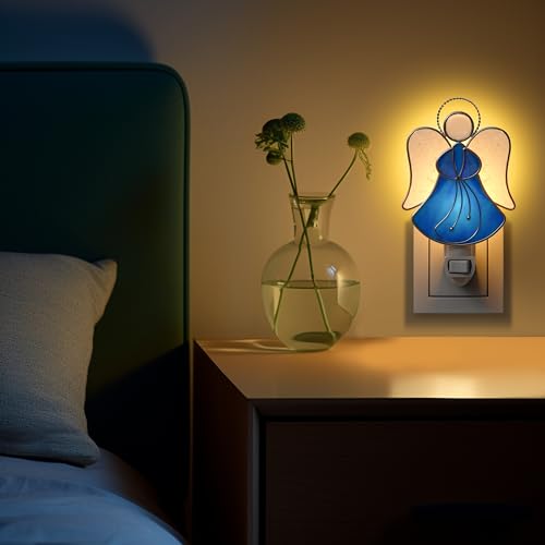 Image of Stained Glass Blue Guardian Angel Night Lights Plug into Wall | Plug in Night Light In Wall Socket Decorative Nightlight for Bedroom Hallway,Mothers Day Gifts for Mom Birthday Christmas