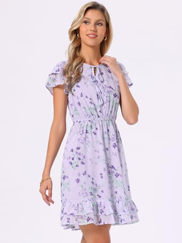 Image of Allegra K Women's Ruffle Sleeve Self-Tie V Neck Flowy Ruffled A-Line Floral Chiffon Dress