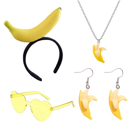 Bananen Kostüm,Bananenkostüm Damen, Fasching Kostüm Obst,Banana Costume Set Mit Bananen Ohrringen, Halskette Und Gelber Brille, Verkleidung Für Karneval, Halloween Und Geburtstagsfeiern