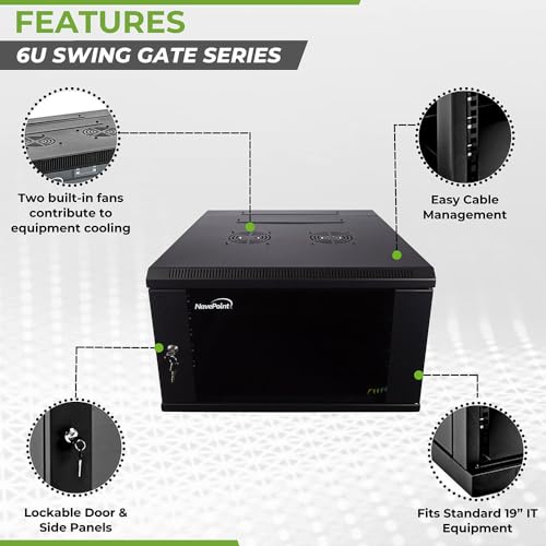 Image of NavePoint 6U Server Cabinet with Hinged Back - 23.6 inch Deep, Server Rack Enclosure with Locking Glass Door, Wall Mount Rack with Removable Side Panels, Network Cabinet with 2 Fans, Pre-Assembled