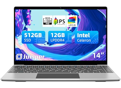 jumper Laptop 12GB LPDDR4 512GB SSD, 14 Inch Windows 11 Laptops Computer with Intel Celeron Quad-Core Processor, 1080p Full HD IPS Screen, 2.4G/5G WiFi, UHD Graphics 600, Stereo Speaker, USB3.0.