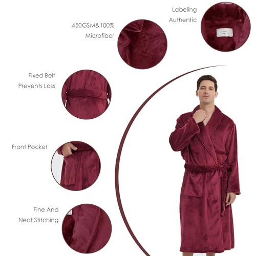 Mens Fleece Bathrobe with Shawl Collar,Soft Warm Knee Length -Mens' Plush Bathrobe- Soft Fleece Spa Bath Robe for Men4
