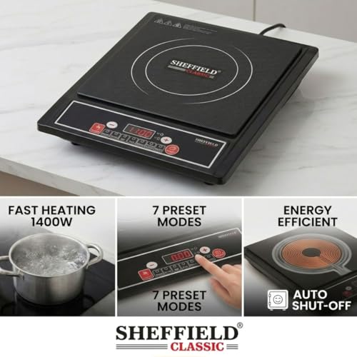 Image of Sheffield Classic 1400W Portable Induction Cooktop | Soft Push Buttons, 7 Preset Modes, Easy Touch Control | Auto Shut‑Off, Fast Heating & Energy‑Efficient Electric Stove - Black