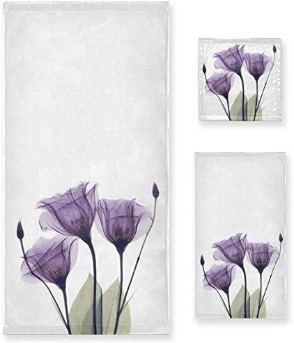 Naanle 3-Piece Towel Set,Purple Flower with Bud Leaves Bath Towel Sets, 1 Bath Towel, 1 Hand Towel, 1 Washcloth, Violet Floral Print Absorbent Soft Towels Quick Drying for Bathroom