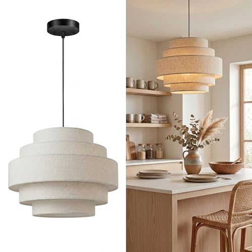 AUQUEE 5-Tier Farmhouse Chandelier 13 Modern Drum Pendant Light Fixture with Linen Lampshade Adjustable Height Hanging Ceiling Lighting for Bedroom/Nursery/Dining Room/Kitchen Island/Entryway Beige