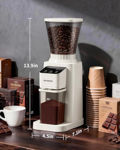 Image of SHARDOR Professional Conical Burr Coffee Grinder, Coffee Bean Grinder with 48 Grind Settings for Espresso, Drip & French Press, Upgraded Anti-Static Technology, Precision Timer, White