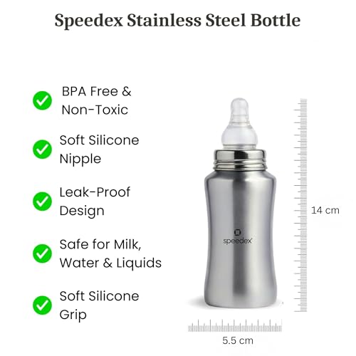 Image of Speedex Stainless Steel Baby Feeding Bottle 140ml with Silicone Grip & ML Marking | BPA Free, Anti-Colic Medium Flow Nipple | Leak Resistant 304 Grade Steel Infant Milk Bottle for Newborn Babies