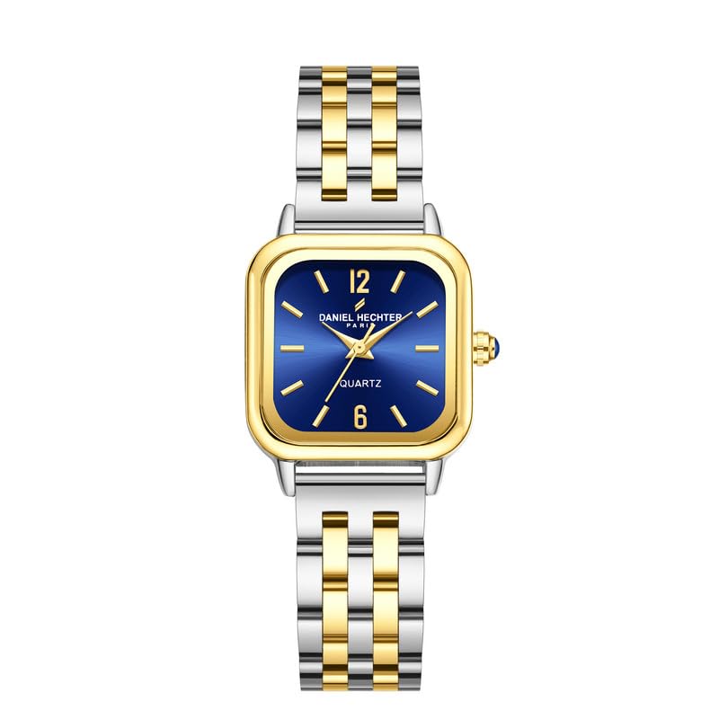 Daniel Hechter Paris Claire Collection Analog Quartz Watch for Women with Square Metal Case, Blue Sunray Dial, Quartz Movement, Gold & Silver Stainless Steel Strap and Water Resistant - DHW2026-44