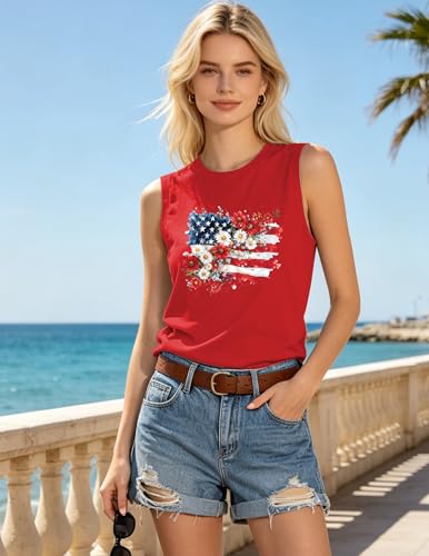 Image of 4th of July Floral American Flag Tank Top for Women Patriotic Sleeveless Apparel