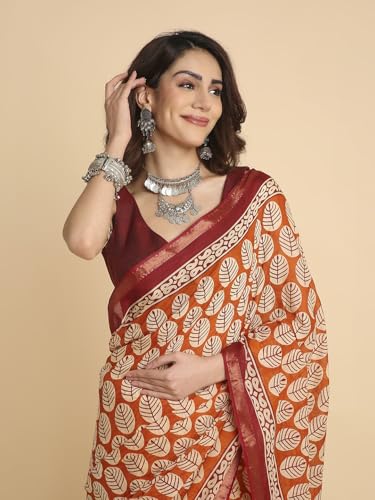 Image of RATAN Women's Pure Soft Cotton Saree with Blouse Piece | Lightweight Breathable Daily Wear Cotton Saree | Traditional Printed Saree for Office Casual & Summer Wear