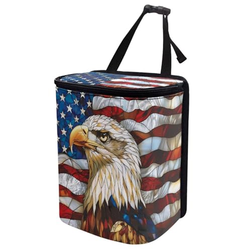 Image of Talayituse Eagle American Flag Print Car Trash Can Portable Auto Garbage Bin Multifunctional Vehicle Interior Accessories with Adjustable Straps Universal Fit Truck SUV Sedan