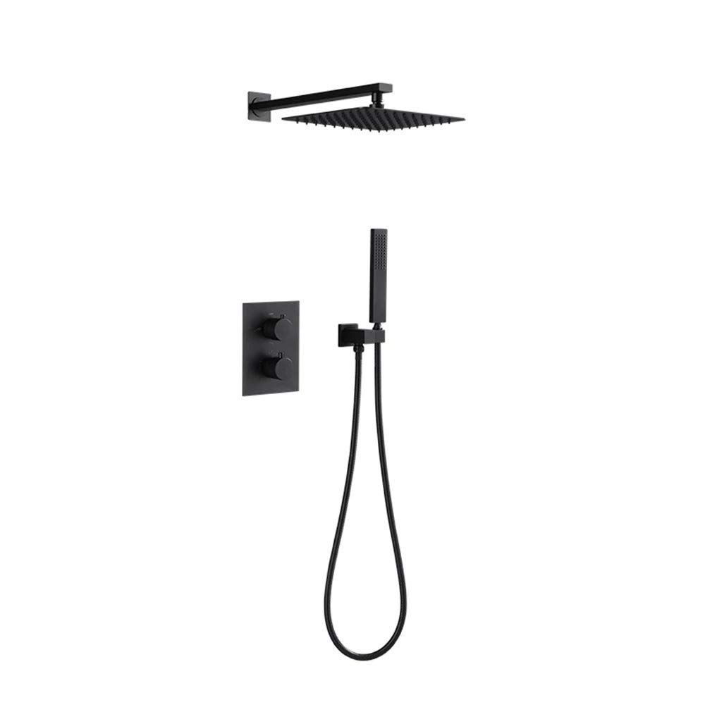 WOTZOV Thermostatic Rain Shower System, Concealed Matte Black Combo Set Wall Mounted Faucet With Rainfall Head, Handheld