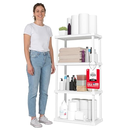 Image of IRIS USA 4-Shelf Light Duty Plastic Storage Shelves, 200lb Capacity, 48 inch H x 24 inch W x 12 inch D, Medium Modular Shelving Unit Storage Organizer for Bathroom, Laundry, Garage & Home, Storage Rack - White
