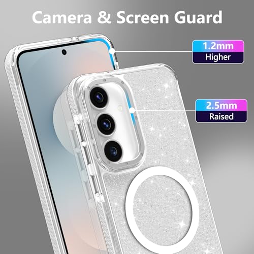Image of Magnetic Case for Samsung Galaxy S25 FE 5G [Compatible with Magsafe] [Bling Glitter Fluorescent Design] [1 Screen Protector] Slim Translucent Matte Case for Galaxy S25 FE 5G 6.7 inch, White