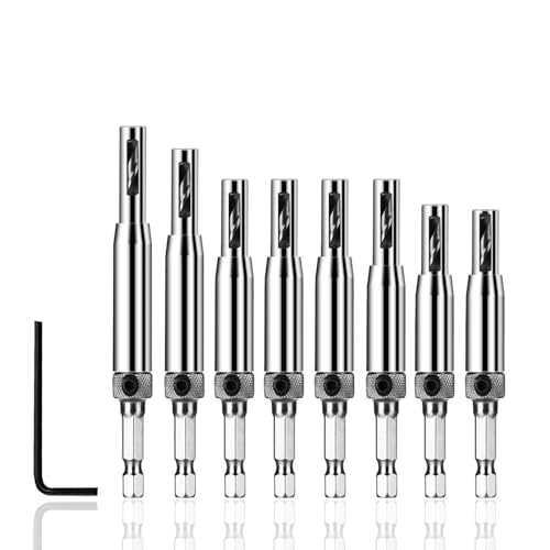 Moyata 8 Stück Selbstzentrierende Bohrer Set HSS Stahl Scharnierbohrer Set Drill Bit Guide Sets Scharnier-Hardware Lochbohr Werkzeugsatz für Holzbearbeitung Verstellbare Türfensterbohrer