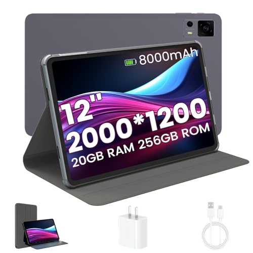 Image of Android Tablet 12 Inch, Tablets Octa-Core T7255, Large Android Tablet with 2K Display, 20W Fast Charger & Case, 20GB RAM 256GB ROM 1TB Expand, 8000mAh, Dual-Band WiFi, GMS Widevine L1, Metal, Grey