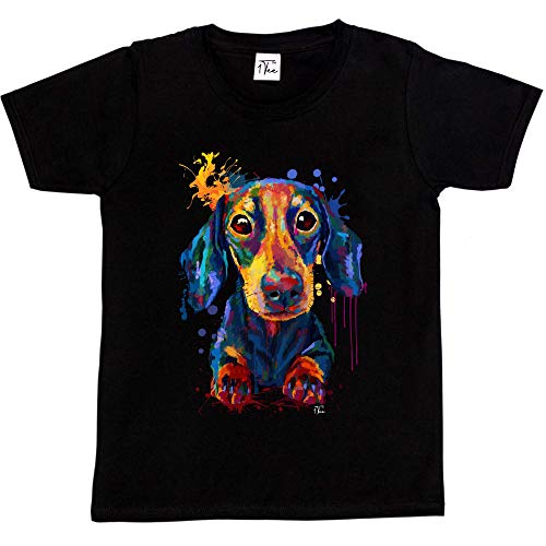 Fancy A Snuggle Girls Watercolour Abstract Descend Dog T-Shirt Black 9-11 Years
