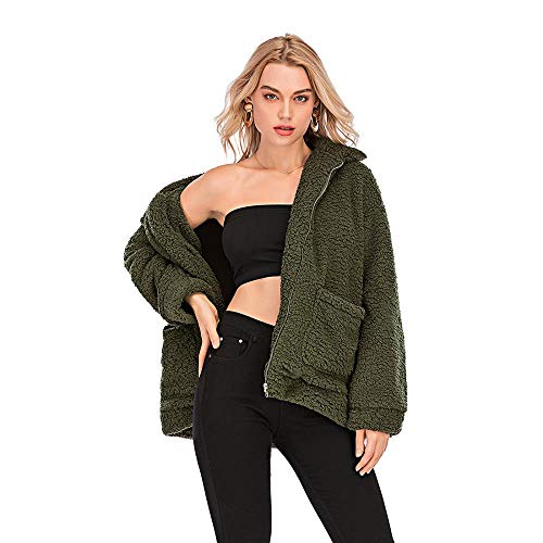 Women Coat Cozy Lapel Fleece Fuzzy Faux Shearling Zip Jacket (Dark green,Xxl)