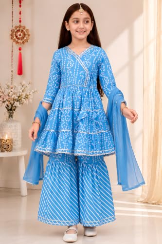 Image of Preneum Girl's Cotton Rayon Bandhani & Lahariya Printed Angrakha Kurta with Sharara & Dupatta