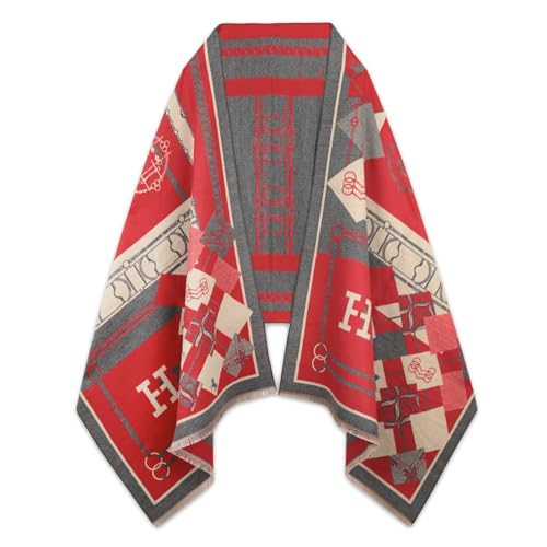 EXTREE Scarfs for Women Pashmina Silky Shawl Wrap for Evening Dressing Blanket Open Front Poncho Cape Chain Horse Charm Red