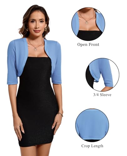 Image of MINTLIMIT Women's Bolero Shrug Top 3 /4 Sleeve Open Front Cropped Cardigan Boleros Jackets for Dresses