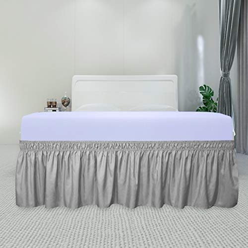 PureFit Wrap Around Ruffled Bed Skirt with Adjustable Elastic Belt - 18 Inch Drop Easy to Put On, Wrinkle Free Bedskirt Dust Ruffles, Bed Frame Cover for Twin,Twin XL and Full Size Beds, Light Gray