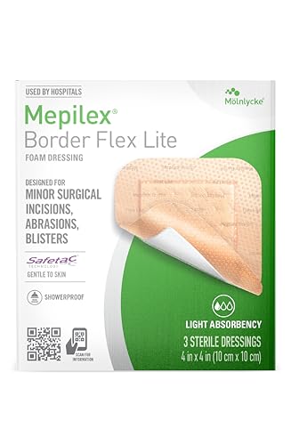Mepilex Border Flex Lite 4x4 in (10x10 cm) Hospital Grade Dressings for Minor Surgical Incisions, Abrasions and Blisters for up to Several Day Use