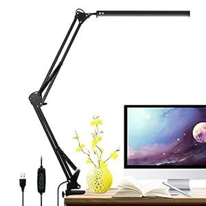VEHHE LED-bureaulamp met klem, oogverzorgende zwenkarm bureaulamp voor studie, 3 kleurmodi 10 instelbare helderheidsniveaus Modern architect Daglicht USB-lamp voor thuiskantoor Leeswerk