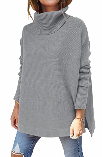 LIAOPUFUS Femme Pull à Col Surélevé Hiver Longueur Moyenne Casual Manches de Chauve-Souris Grande Taille Décontracté (Gris, XL) Cover