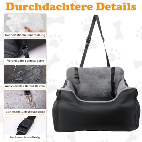 Hunde Autositz Extra Stabil für Kleine Hunde (unter 12kg) mit Sicherheitsgurt,Wasserdichter Autositz Hund für Rück- und Vordersitz,Hundesitz Auto mit Abnehmbares Hundekissen Waschbar,Seitliche Taschen