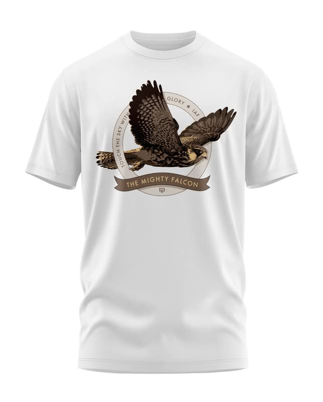 Aero Armour Mighty Falcon Printed Cotton Unisex T-Shirt | White | Military Design T-Shirt
